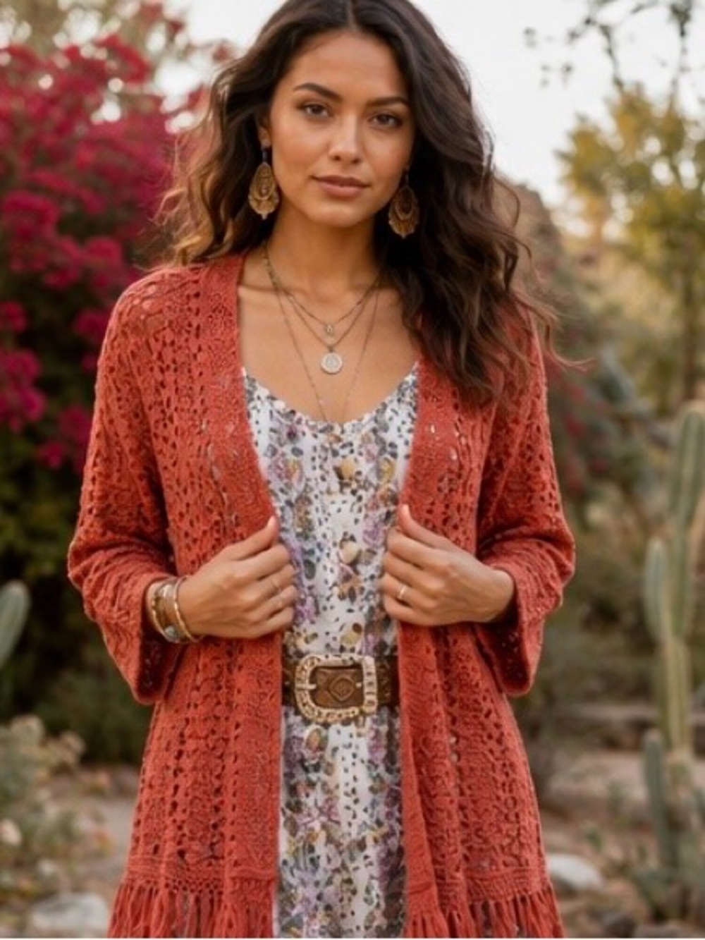 Self Esteem Coral Lace Fringe Cardigan Boho Knit Long Sleeve Duster Festival XL